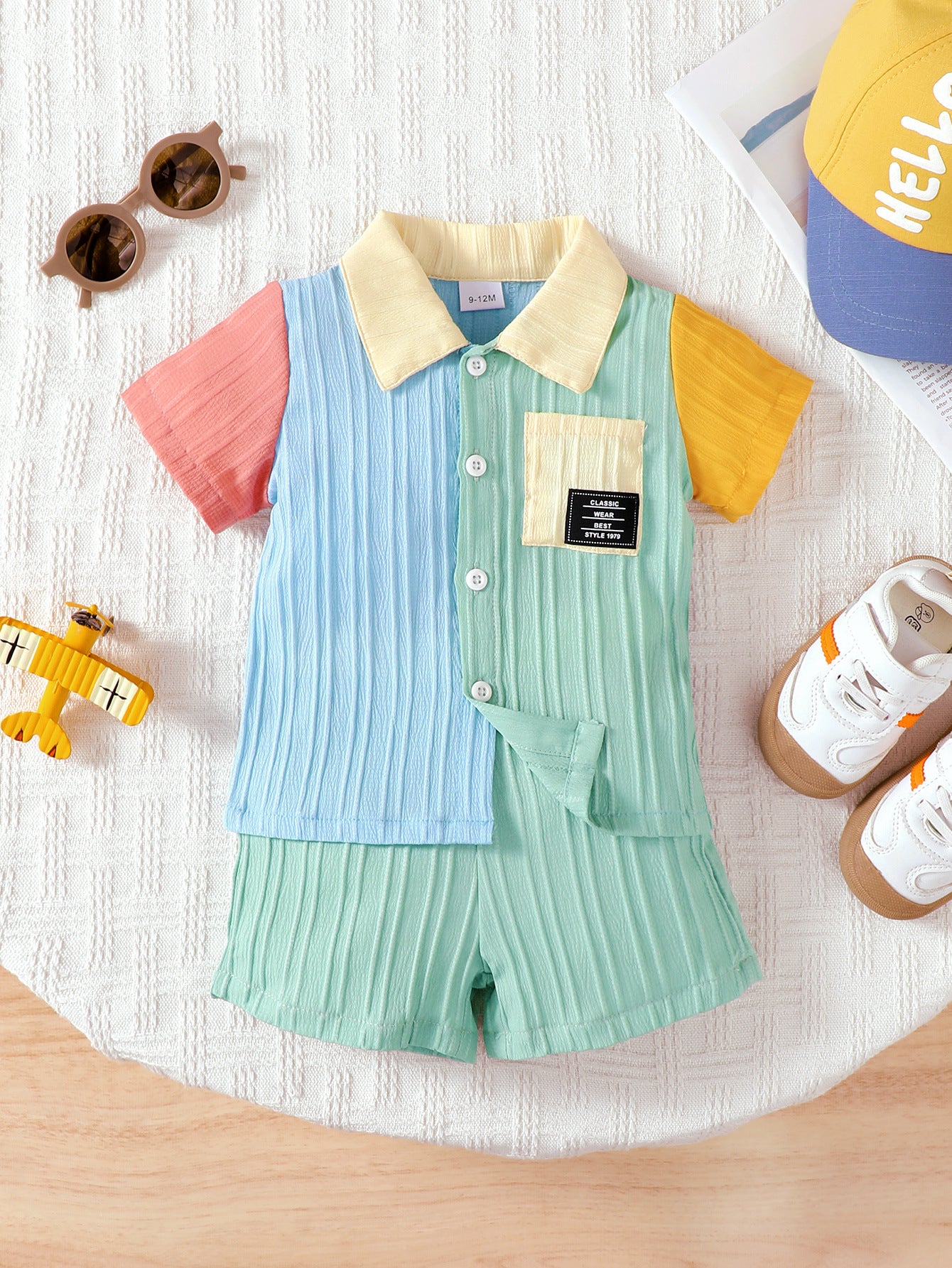Casual multi-color patchwork short-sleeved shirts and shorts for summer boys for 6-36 months, imported from china