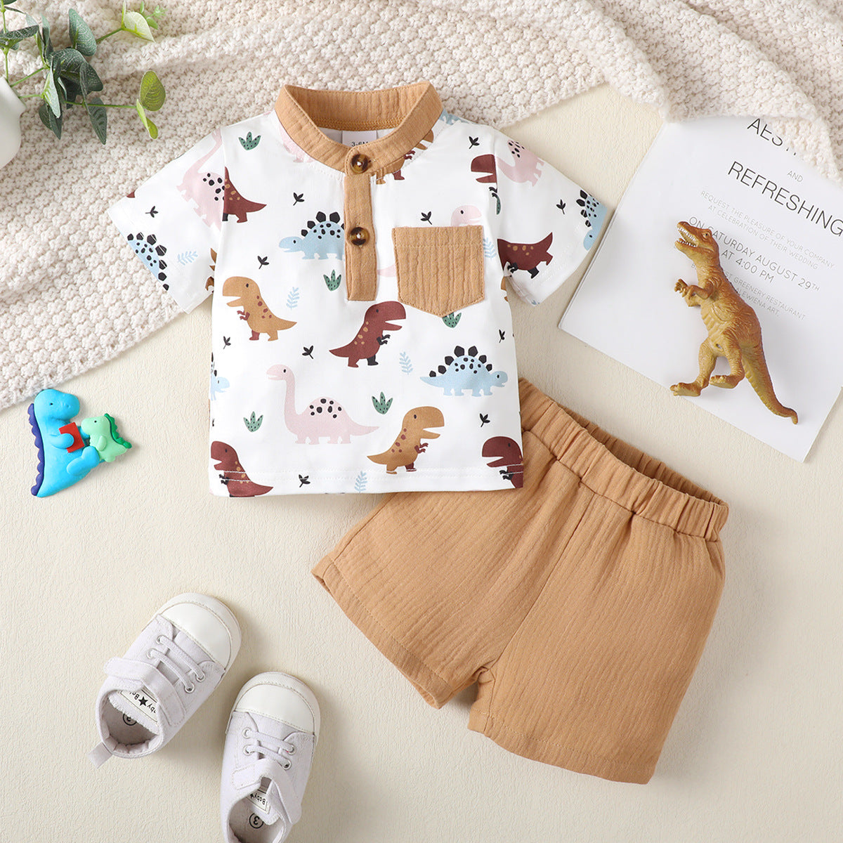 Boys Summer Adorable Dinosaur White Short-Sleeve Shirt and Khaki Shorts Set For 3-12 Months Imported From China