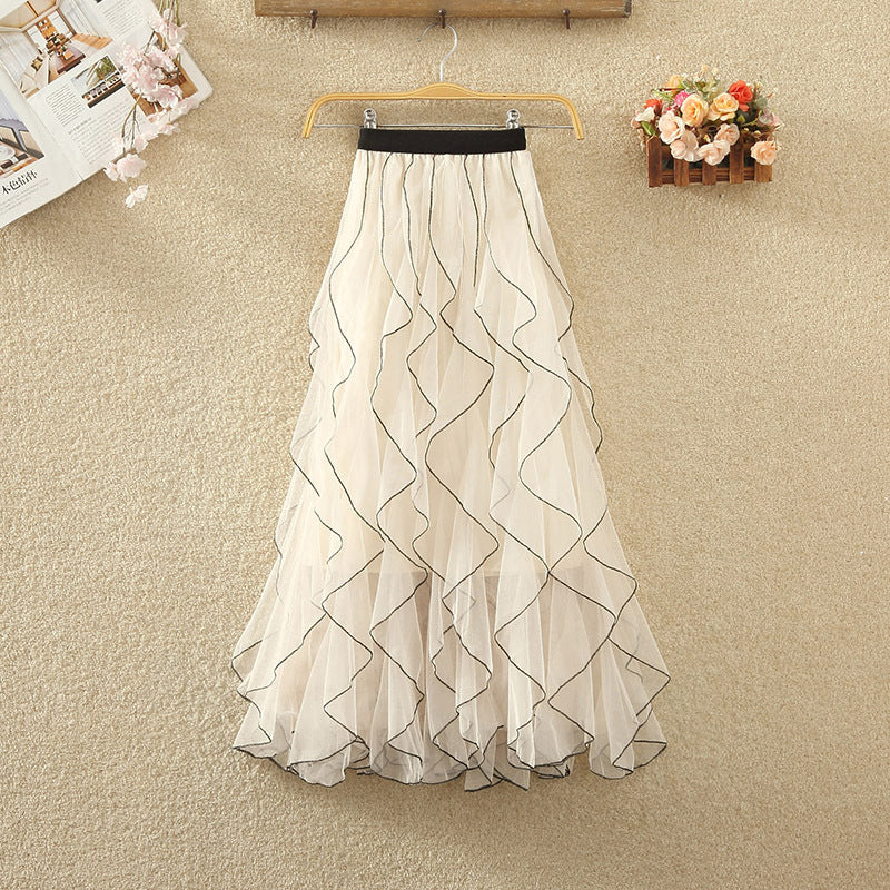 Wavy Mesh Skirt Women's Summer New High Waist Fairy Ruffled Skirt Mid-length A- line Skirt, Imported From China