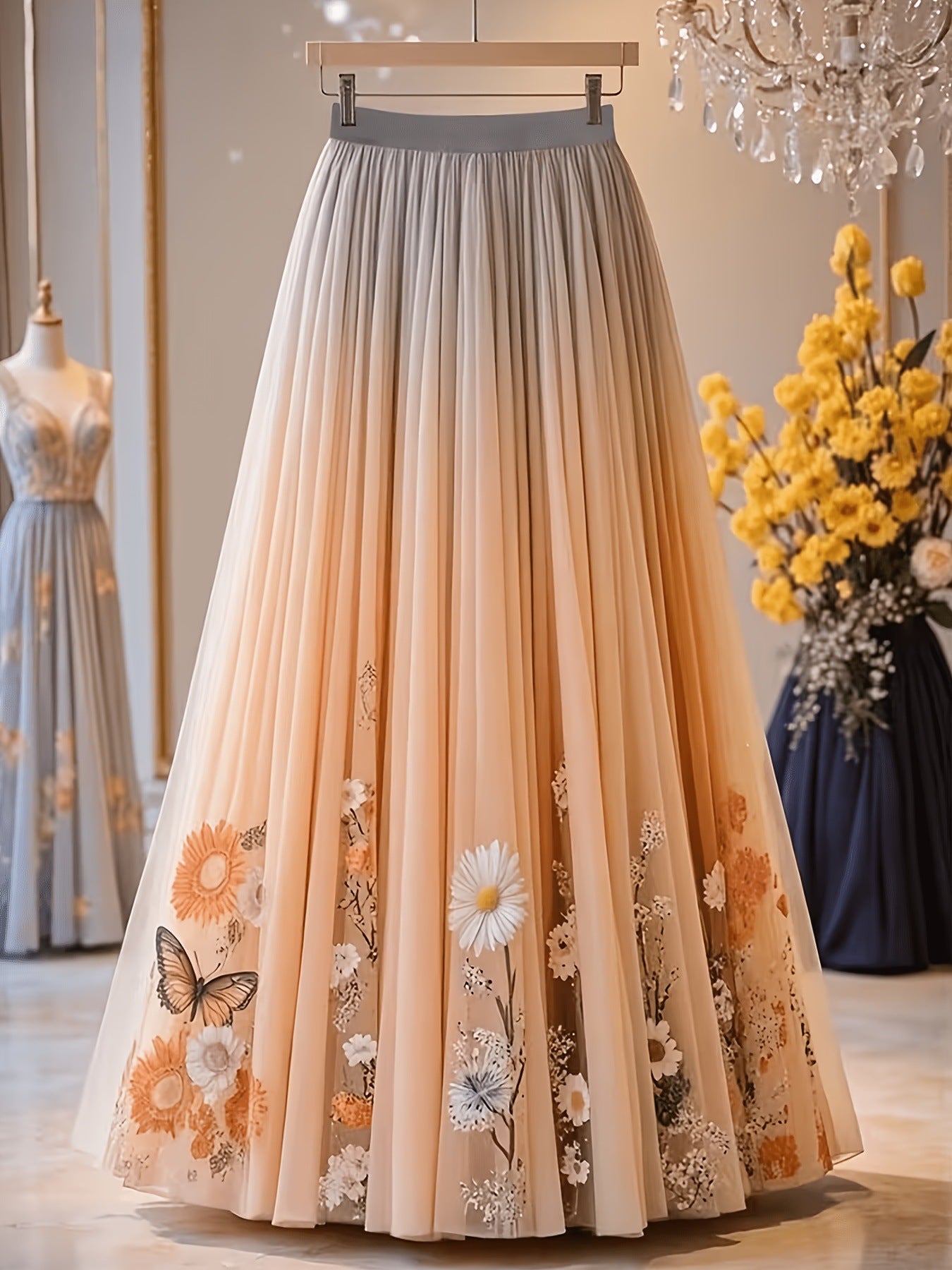 Women's slim-fitting mesh maxi skirt with butterfly and floral print, suitable for banquets, dates, and vacations.
