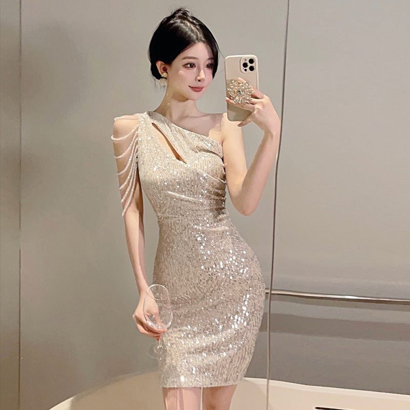 European, American and Southeast Asian Foreign Trade Women's French-Style Sexy One-Shoulder Hollow Sequin Dress Imported From China