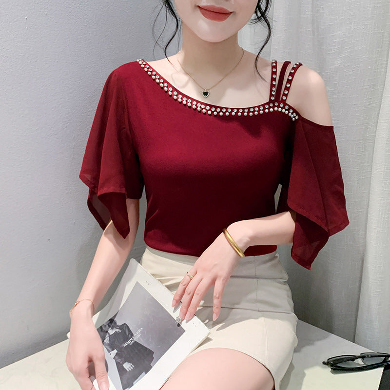 Summer Fashion One-Shoulder Design Beaded Sexy Off-Shoulder T-Shirt Short-Sleeved Slim Slim Shirt Imported From China