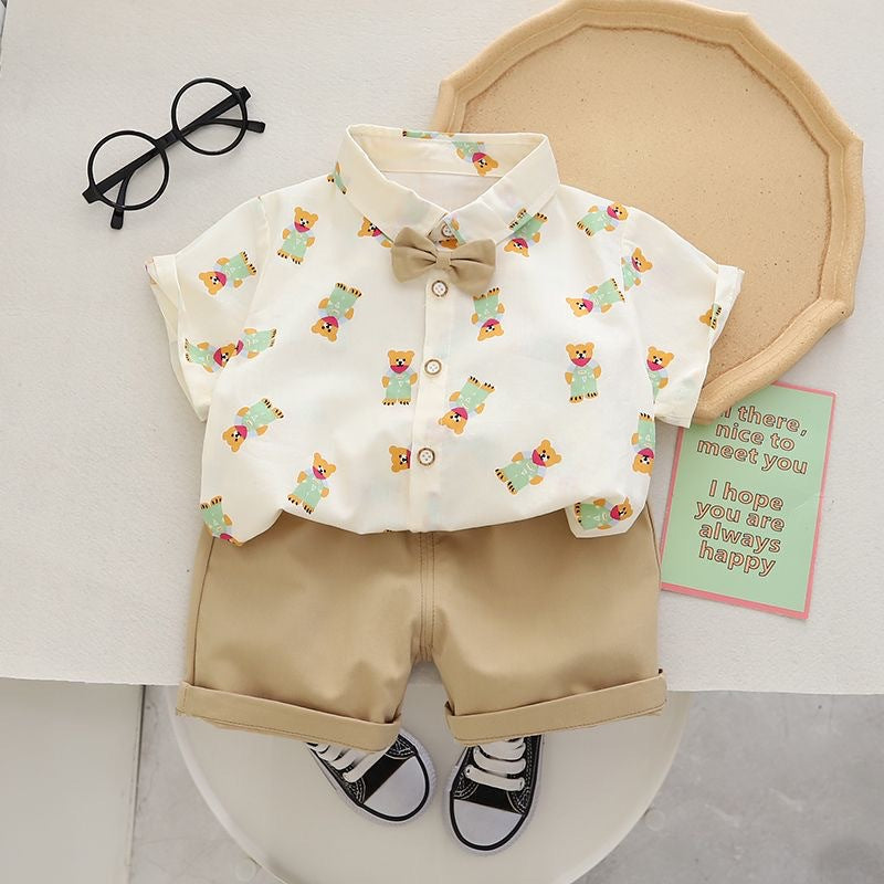Boys' summer clothes cute all-over print bear shirt+pant for 1-4 years, imported from china