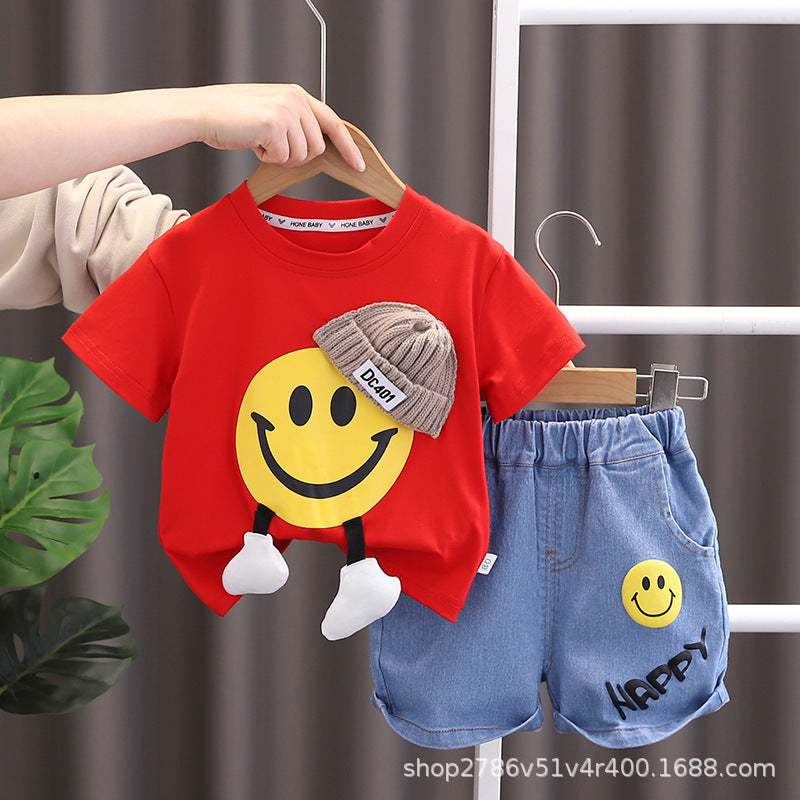 Boys cartoon smiley face short sleeve suit breathable thin summer clothes for 5 years imported from china