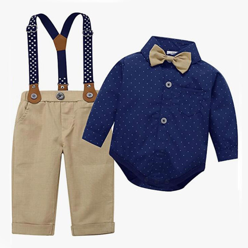 Long-sleeved romper with suspenders, boys' baby dress with bow tie, for 6-12 months, imported from china