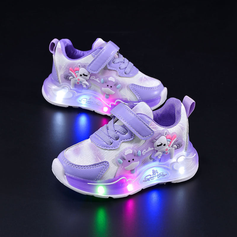Girls new style princess cartoon white horse soft-soled LED light-up sports shoes for 24-29 imported from china