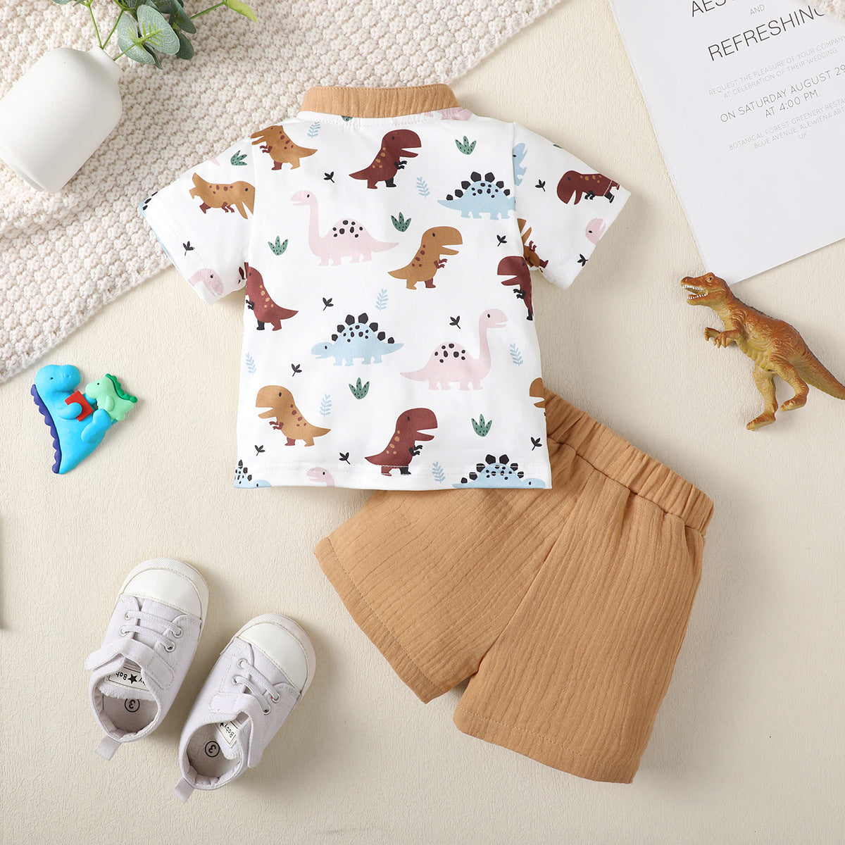 Boys Summer Adorable Dinosaur White Short-Sleeve Shirt and Khaki Shorts Set For 3-12 Months Imported From China