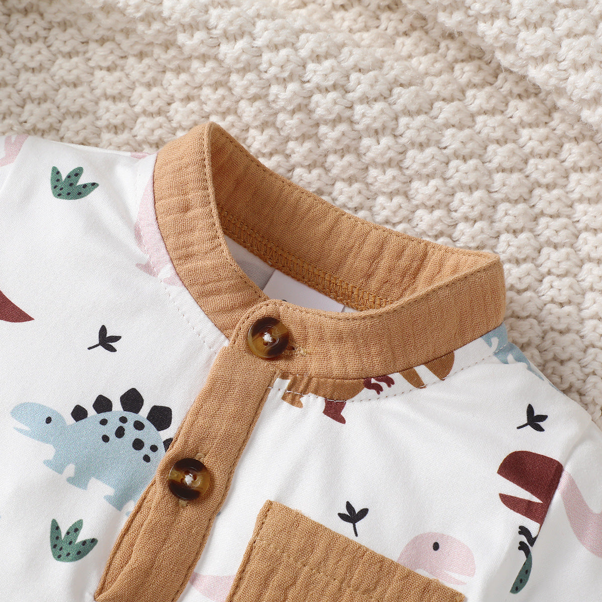 Boys Summer Adorable Dinosaur White Short-Sleeve Shirt and Khaki Shorts Set For 3-12 Months Imported From China