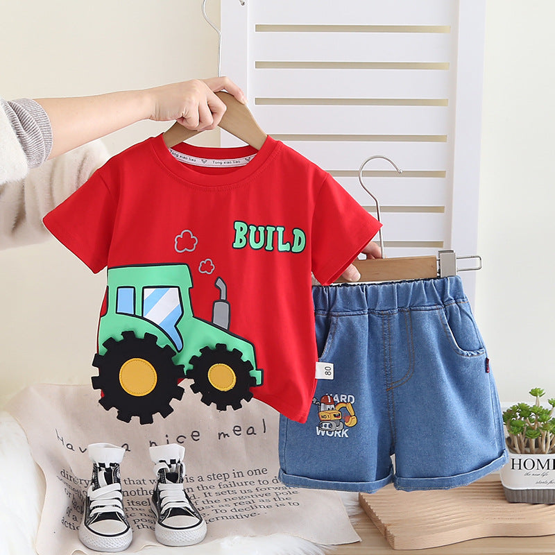 Stylish Summer Short-Sleeve Set for Boys, Casual Tractor Print Two-Piece Set for 1-5 Years, Imported From China