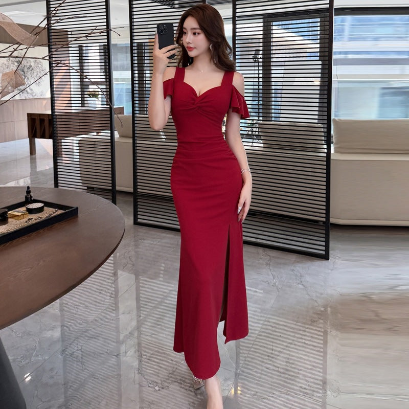Korean chic summer high end banquet evening dress elegant off shoulder short sleeved slim fit fishtail dress for women Imported From China