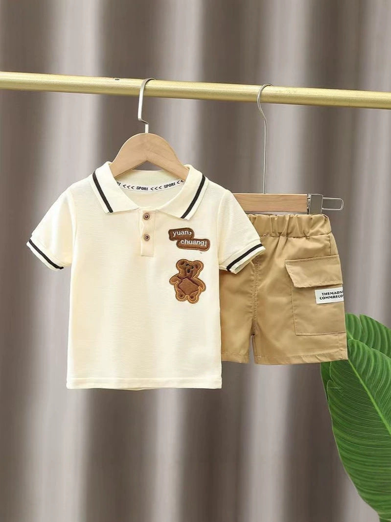 Boys' Summer Clothing Bear Embroidered Set, Baby Collared Short-Sleeved Cargo Shorts Two-Piece Set For 1-5 Years, Imported From China