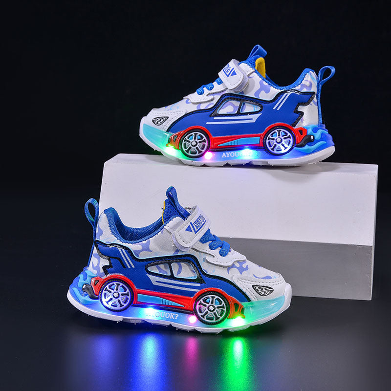 Light-up sneakers, cartoon car children's casual shoes, boys' leather light-up shoes 26 size imported from china