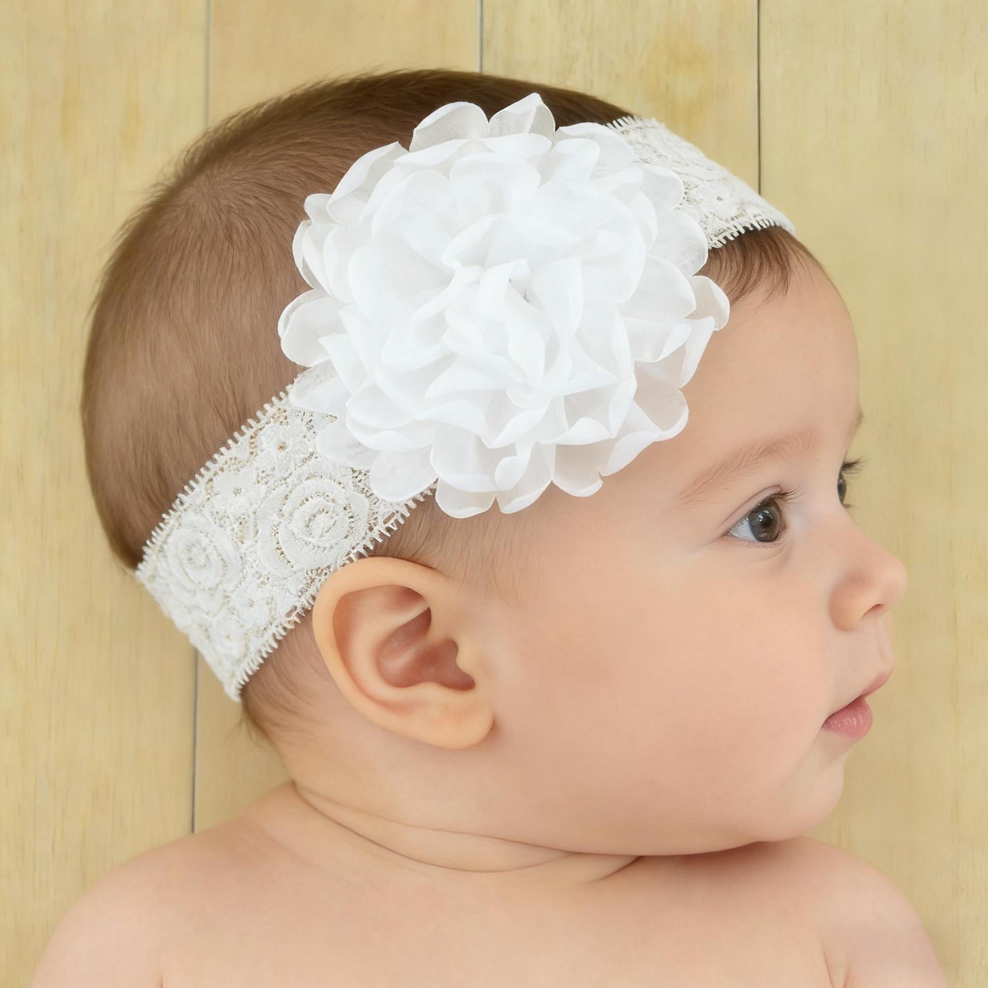 Korean style lace children's headband, baby chiffon trim flower baby headband white color imported from china