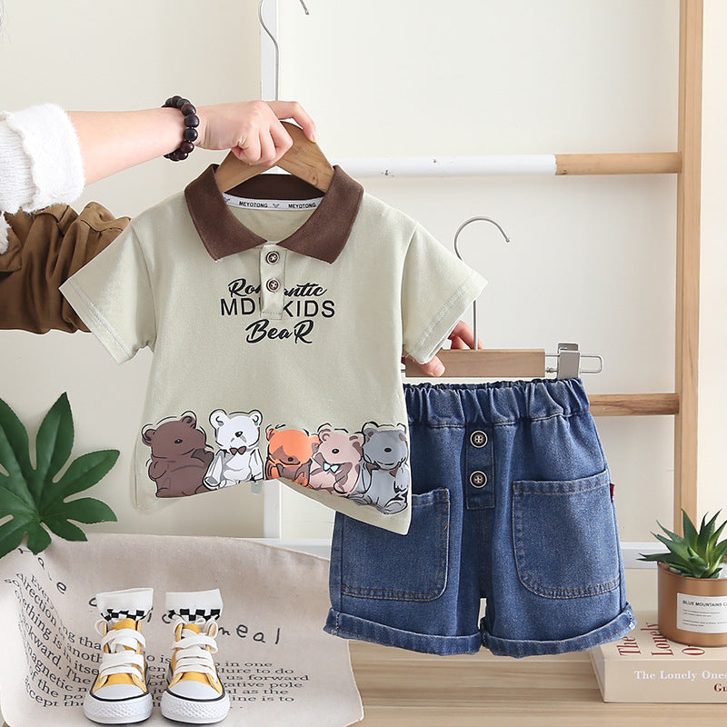 Boys' Short-Sleeve Casual Set, Summer, Cartoon Bear Print, Short-Sleeve Two-Piece Set for 1 years imported from china