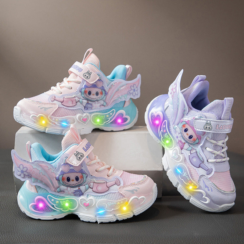 Girls' athletic shoes, breathable princess shoes, cartoon soft-soled light-up shoes, 28-33 Size, Imported From China