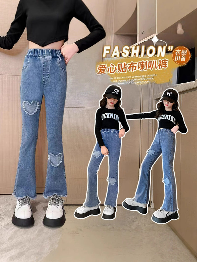 Girls' Jeans Trendy Slimming Flared Pants with Lace Trim Soft Children's Long Pants with Lace 4-12Y Imported From China