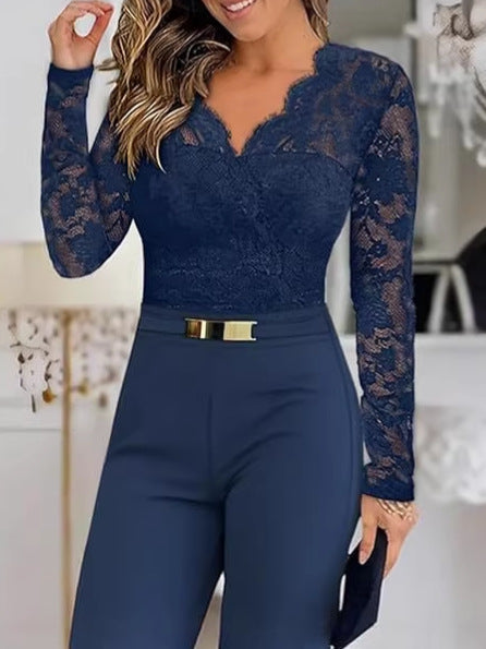 European and American Cross-Border Women's Fashion New Style Long-Sleeve Lace Patchwork Jumpsuit with Belt Design, Casual Loose Wide-Leg Pants Imported From China