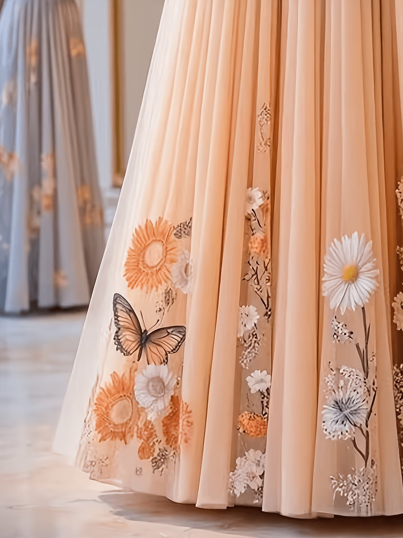 Women's slim-fitting mesh maxi skirt with butterfly and floral print, suitable for banquets, dates, and vacations.
