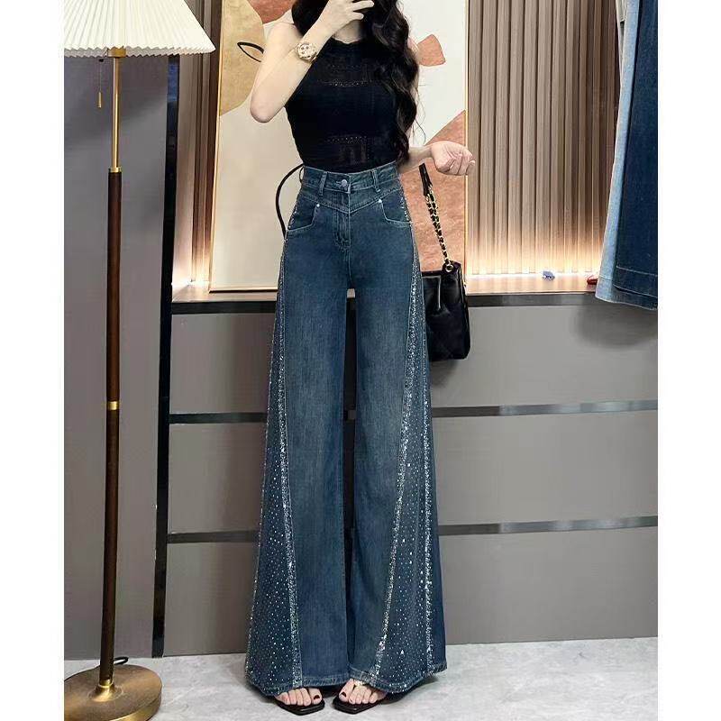 Light Blue Unique Design Rhinestone Flared Jeans for Women, Imported From China
