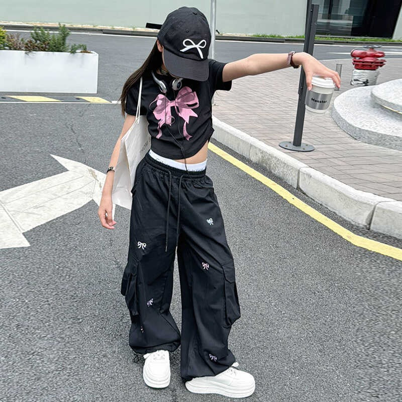 Black Children's Tooling Pants Thin 2024 Spring New Korean Style Loose Casual Western Style Tooling Pants