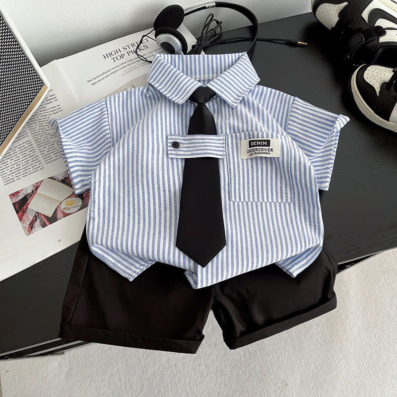 Boys Short-Sleeved Tie Shirt Thin Two-Piece Set for 4-5 Years, Imported From China