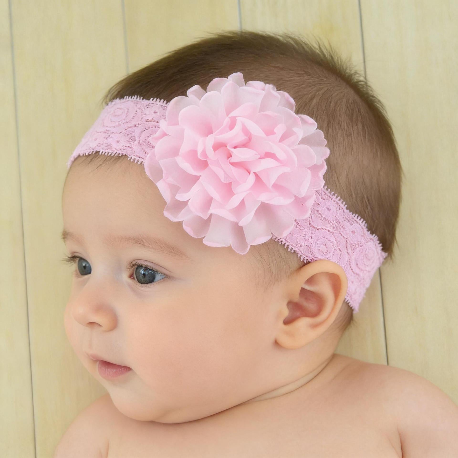 Korean style lace children's headband, baby chiffon trim flower baby headband pink color imported from china