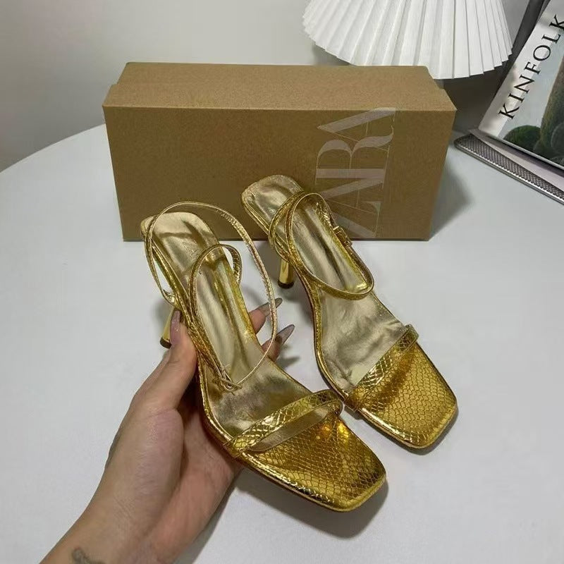 ZA New 2024 Summer Square Toe Stiletto Heel Rear Empty Strap Sandals Women's Dew Heel Open Toe Fashion Outwear High Heels for Women