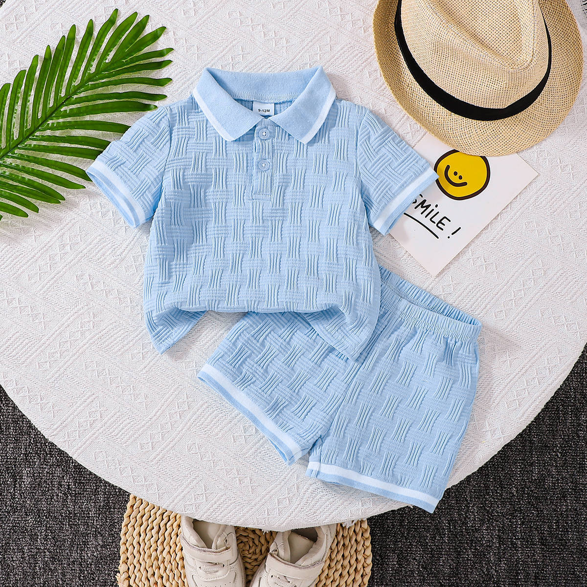 Boy Jacquard Short-Sleeved Lapel Top + Shorts Suit for Summer For 6-9 Month, Imported From China