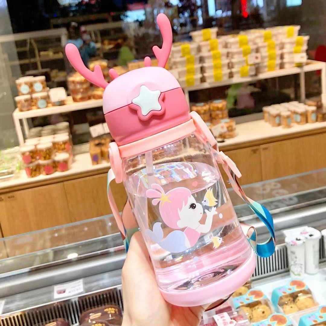 Children's Water Cup Kindergarten Primary School Baby Anti-Fall Cup Cute Girl Antlers Water Bottle Bag Straw Coke Bottle