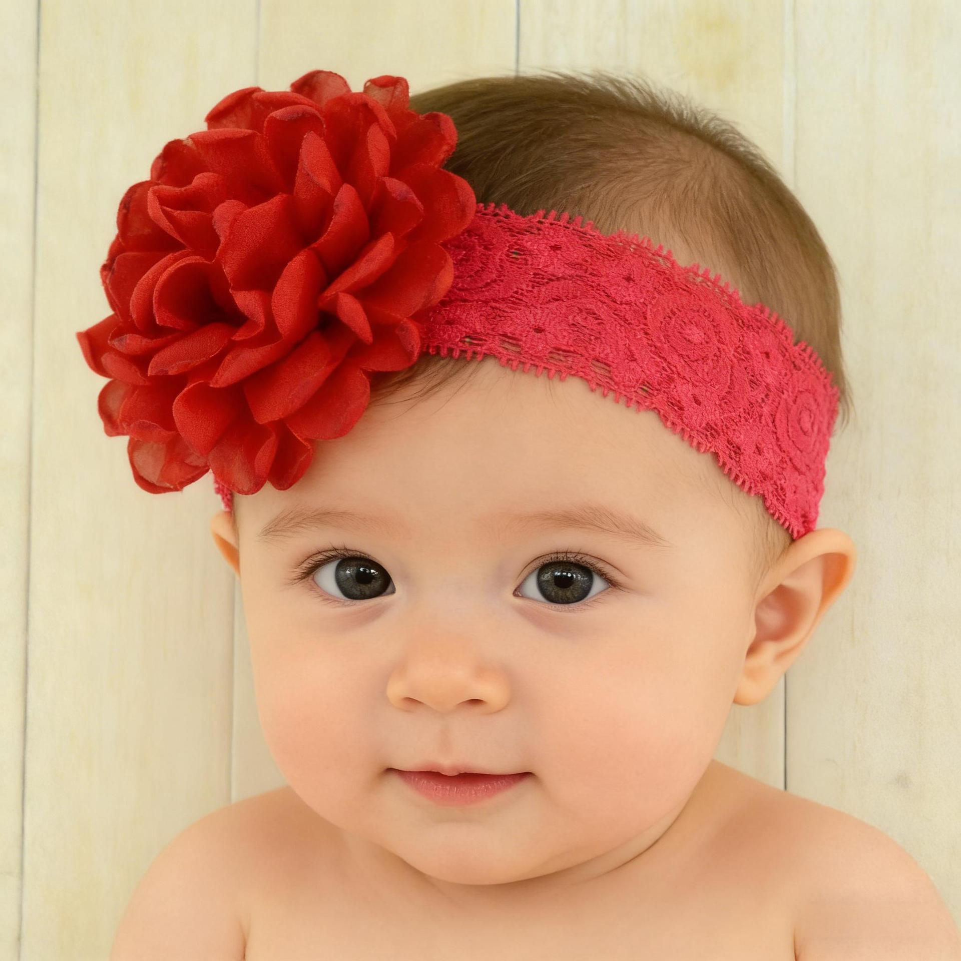 Korean style lace children's headband, baby chiffon trim flower baby headband red color imported from china