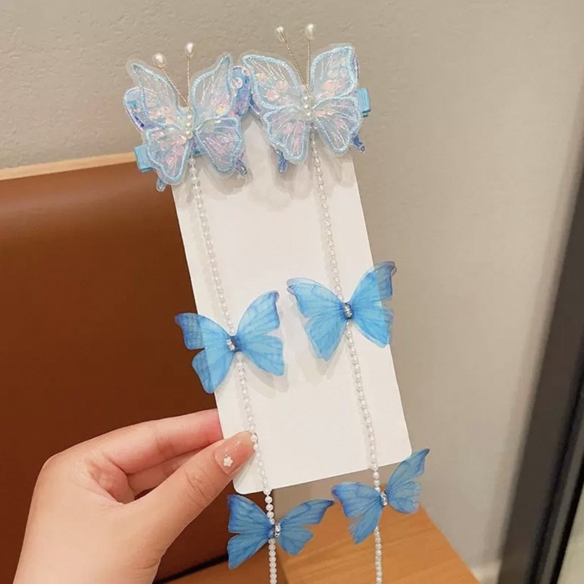 Children's pearl butterfly braided hair chain hair clip, super fairy-like blue pair imported from china