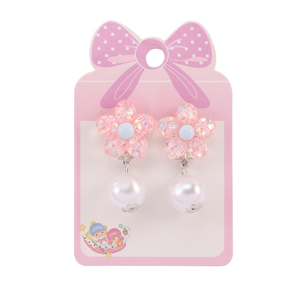 Cute cartoon resin children's earrings, clip-on earrings, pink-white color, imported from china