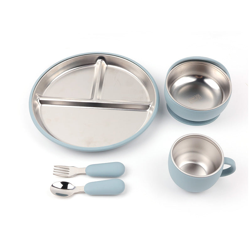 304 Stainless Steel Three-Compartment Dinner Plate with Silicone Non-Slip Base, Anti-Fall Baby Feeding Bowl, Baby Food Spoon and Fork Set