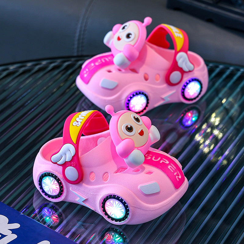 Children's Slippers Summer Baby Girl Car Shiny Light Indoor Soft-Soled Non-Slip Slippers Boy's Egg Hole Shoes