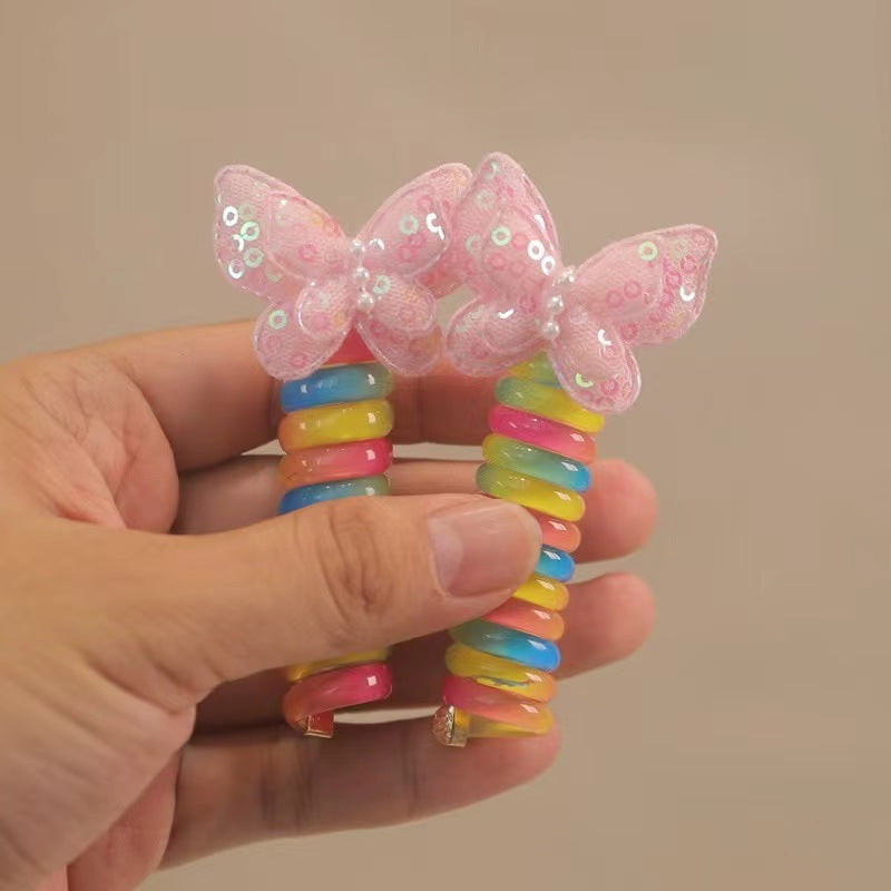 Butterfly-shaped braided hair tie with telephone cord, girls' ponytail hair accessory, pink color, imported from china