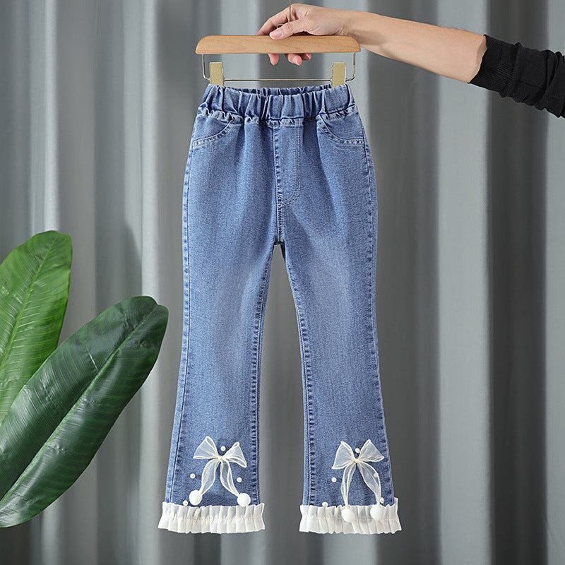 Girls' Jeans Trendy Slimming Flared Pants with Lace Trim Soft Children's Long Pants with Lace 4-12Y Imported From China