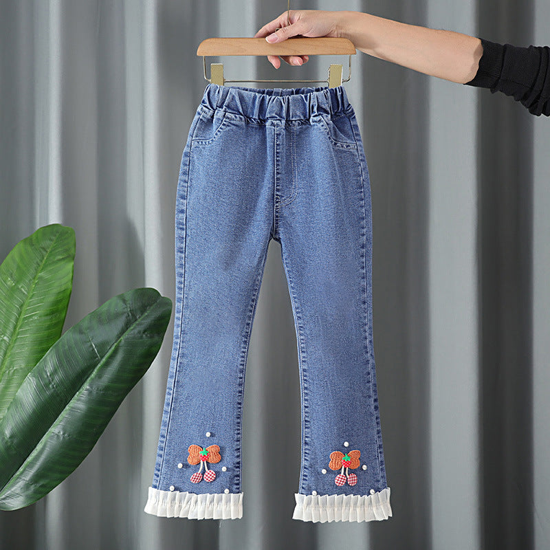 Girls' Jeans Trendy Slimming Flared Pants with Lace Trim Soft Children's Long Pants with Lace 4-12Y Imported From China