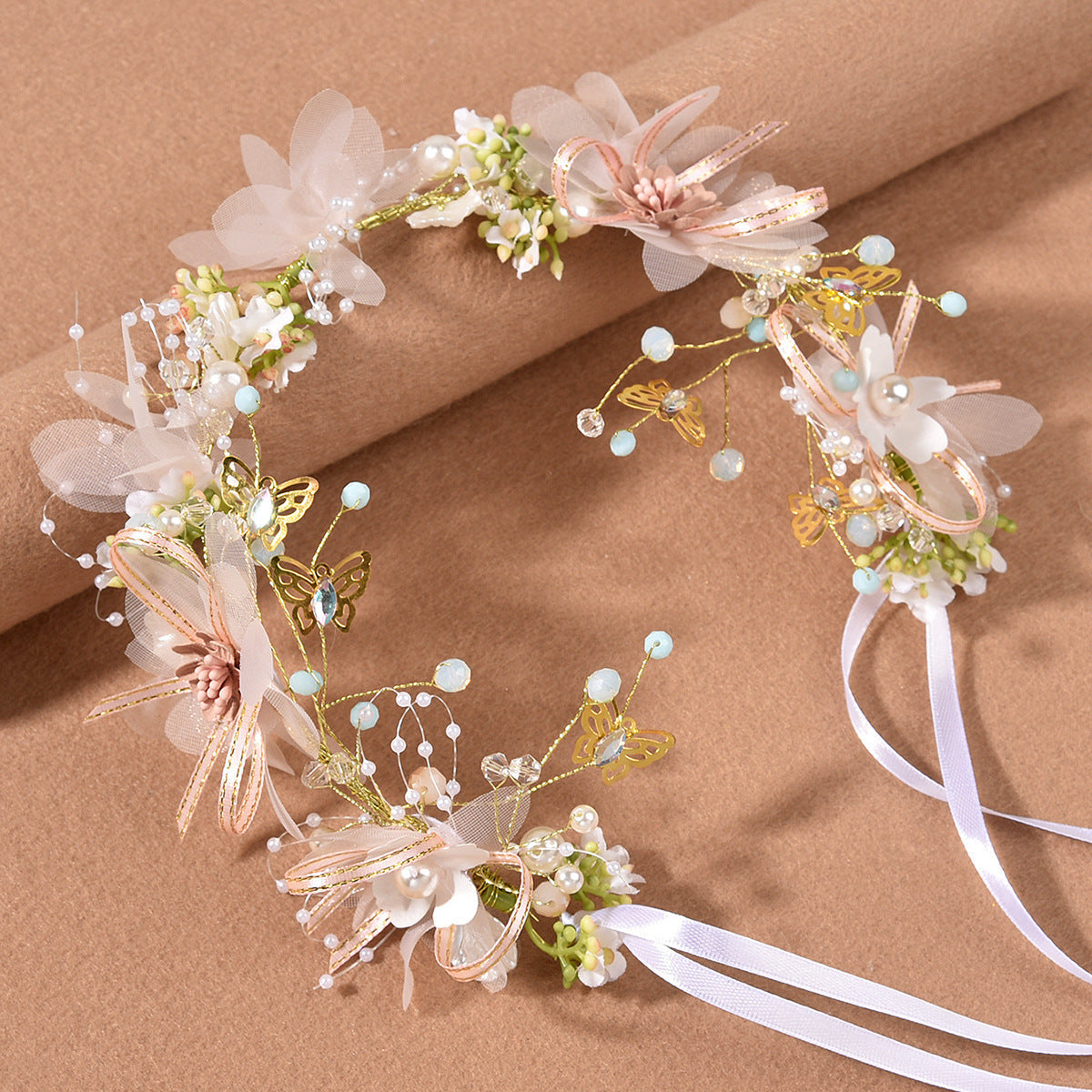 Sweet European style children's headband, ethereal gold leaf headband, pearl flower headband - pink, imported from china