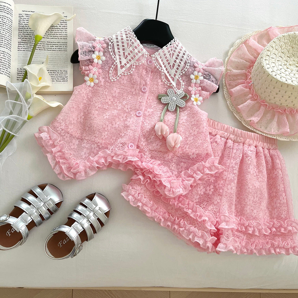Pink Girls Summer Dress 4-8 Years,with cap, Imported From China