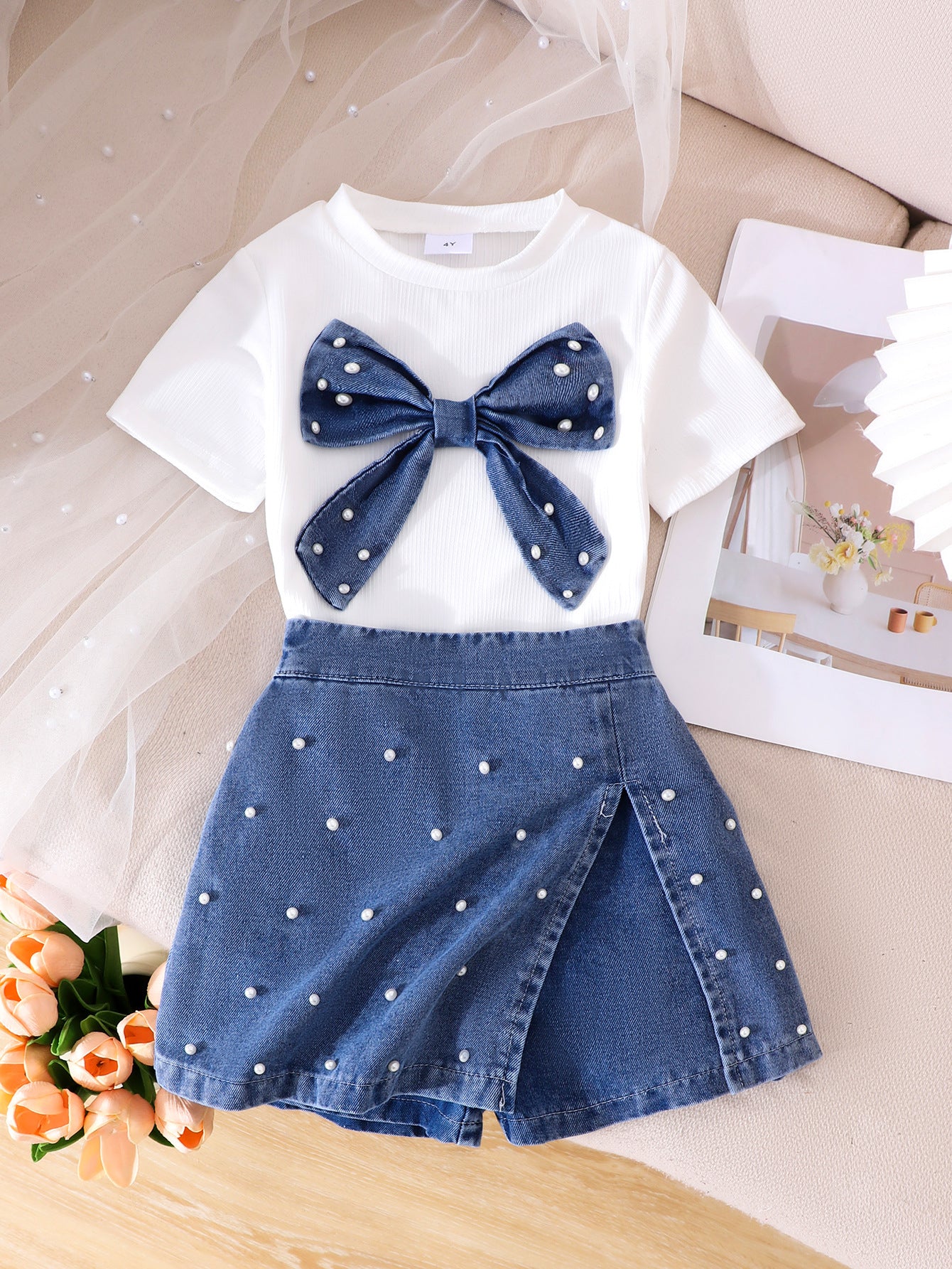 Girls summer collection white tops+denim skirt for 4-7 years, imported from china