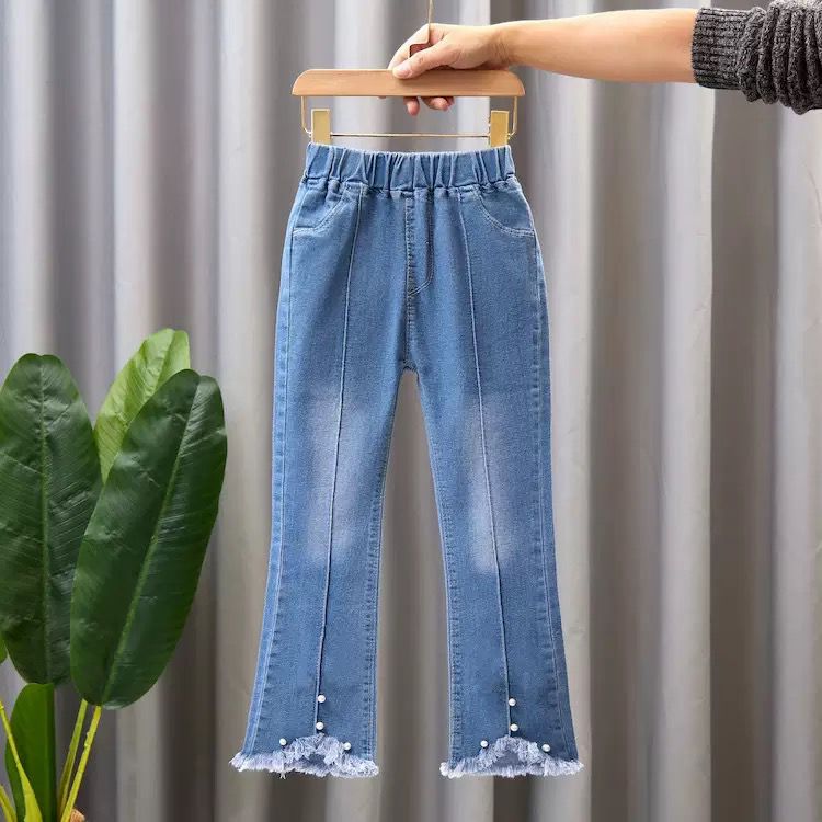 Girls' Jeans Trendy Slimming Flared Pants with Lace Trim Soft Children's Long Pants with Lace 11-12Y Imported From China