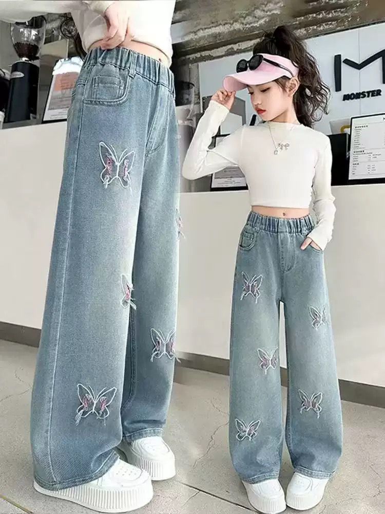 Girls' Jeans Trendy Slimming Flared Pants with Lace Trim Soft Children's Long Pants with Lace 11-12Y Imported From China