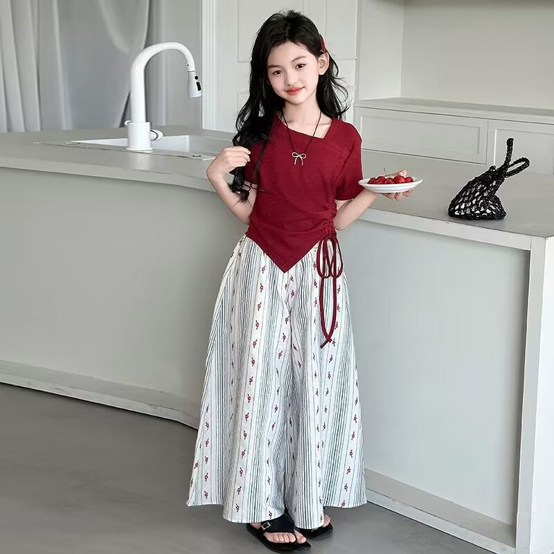 Summer girls collection red tops+skirt for 5-13 years imported from china