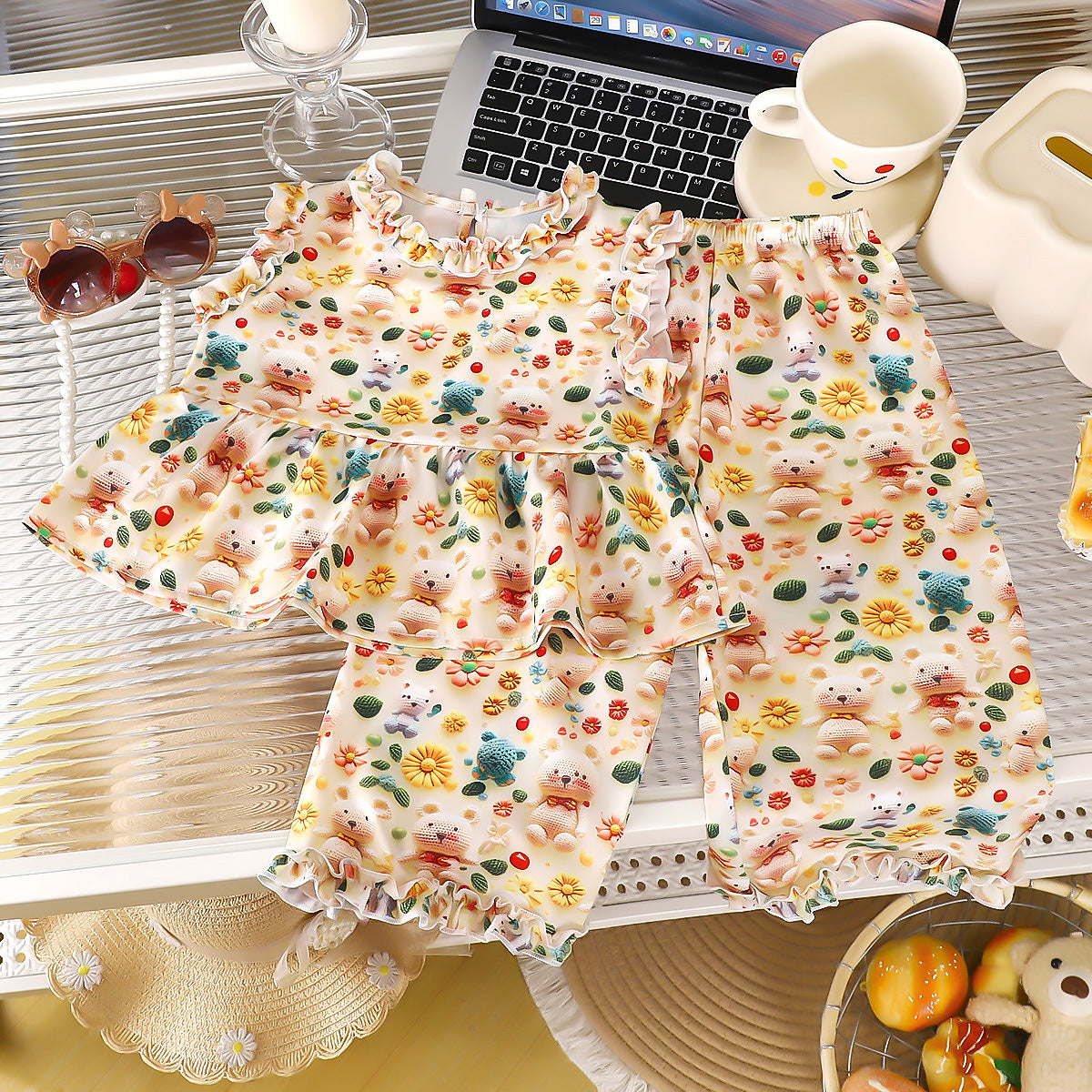 Girls cotton pajama set, summer synthetic cotton, For 1-2 Years, Imported From China