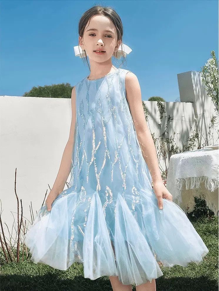 Blue Mermaid Dress for Girls, Summer Patchwork Mesh Tassel, For 3-4 Years Imported From China