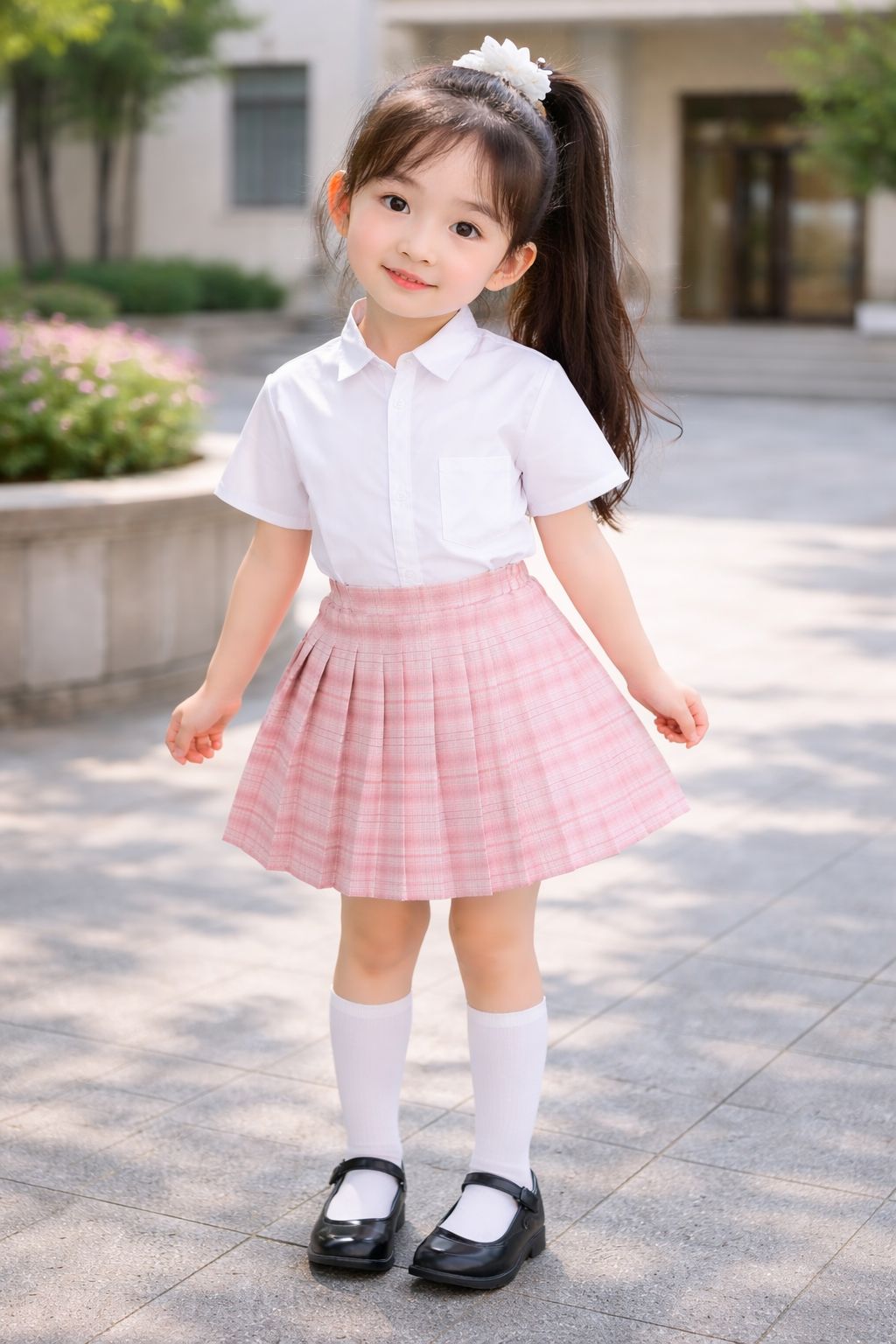 Summer Girls' Preppy Style Suit Short-Sleeved Shirt Plaid Pleated Skirt For 4 Years Imported From China