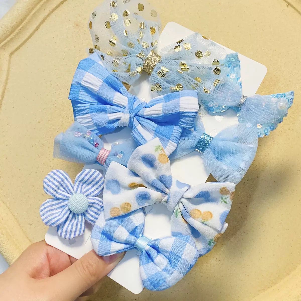 Children's mesh polka dot floral bow hair accessory, pastoral style, sweet hair clip for girls with elegant bangs blue color imported from china