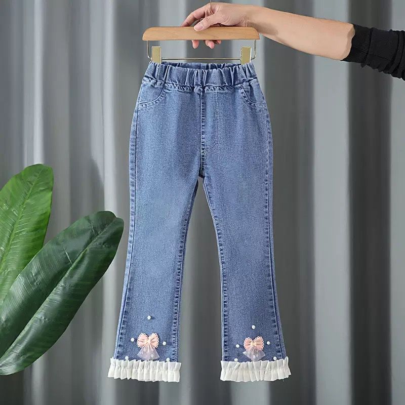 Girls' Jeans Trendy Slimming Flared Pants with Lace Trim Soft Children's Long Pants with Lace 4-12Y Imported From China