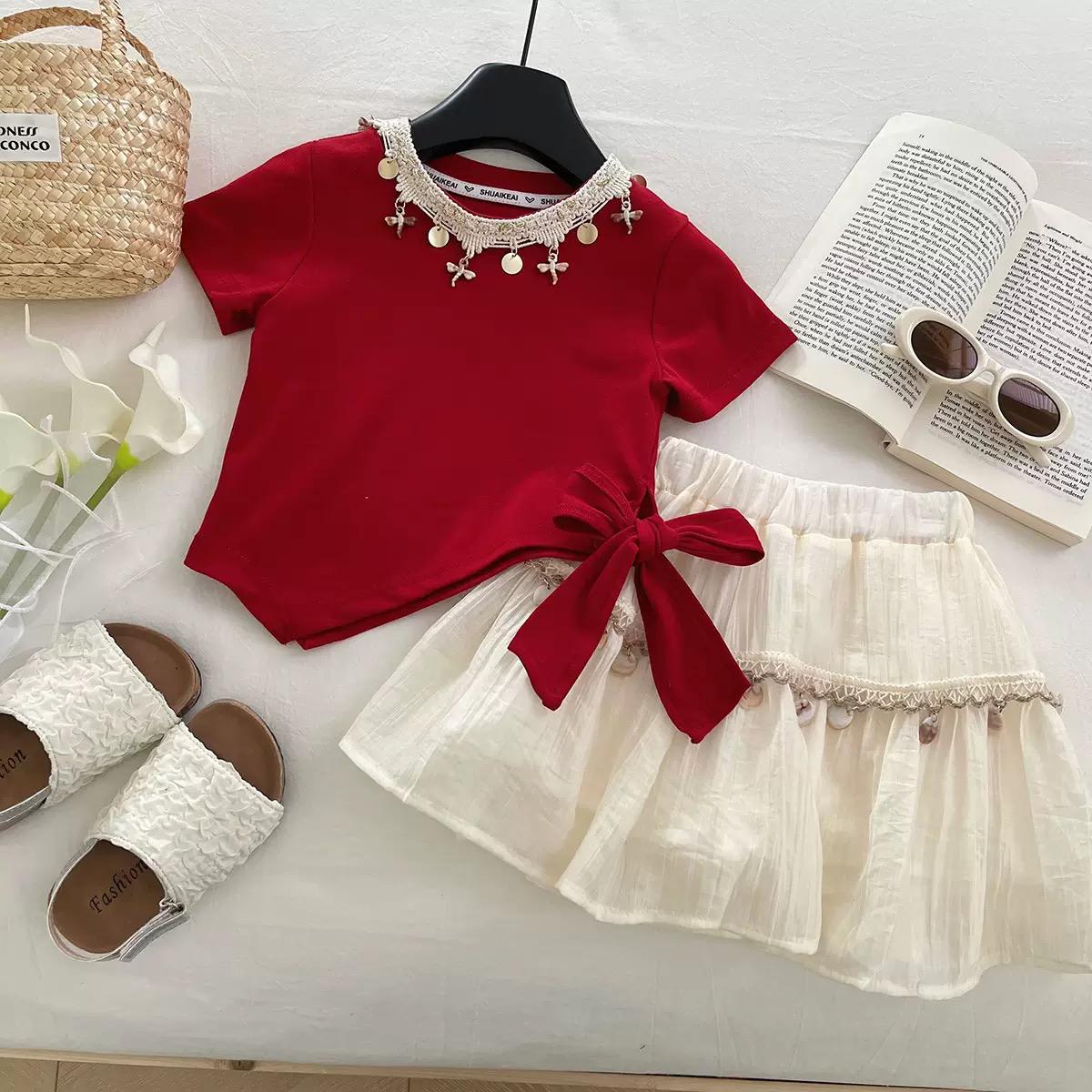 Girls' Skirt Set, Summer New Style,Two-piece Red Set, Irregular Bow Short-Sleeve, For 1-2 Years, Imported From China